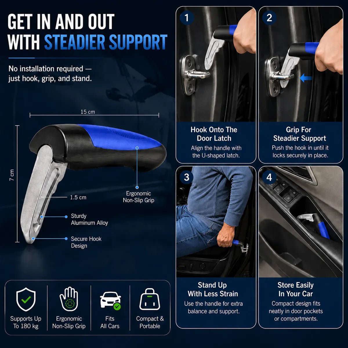 Dofryna® 2-in-1 Portable Car Door Assist Handle - Safe & Easy Exits for Seniors